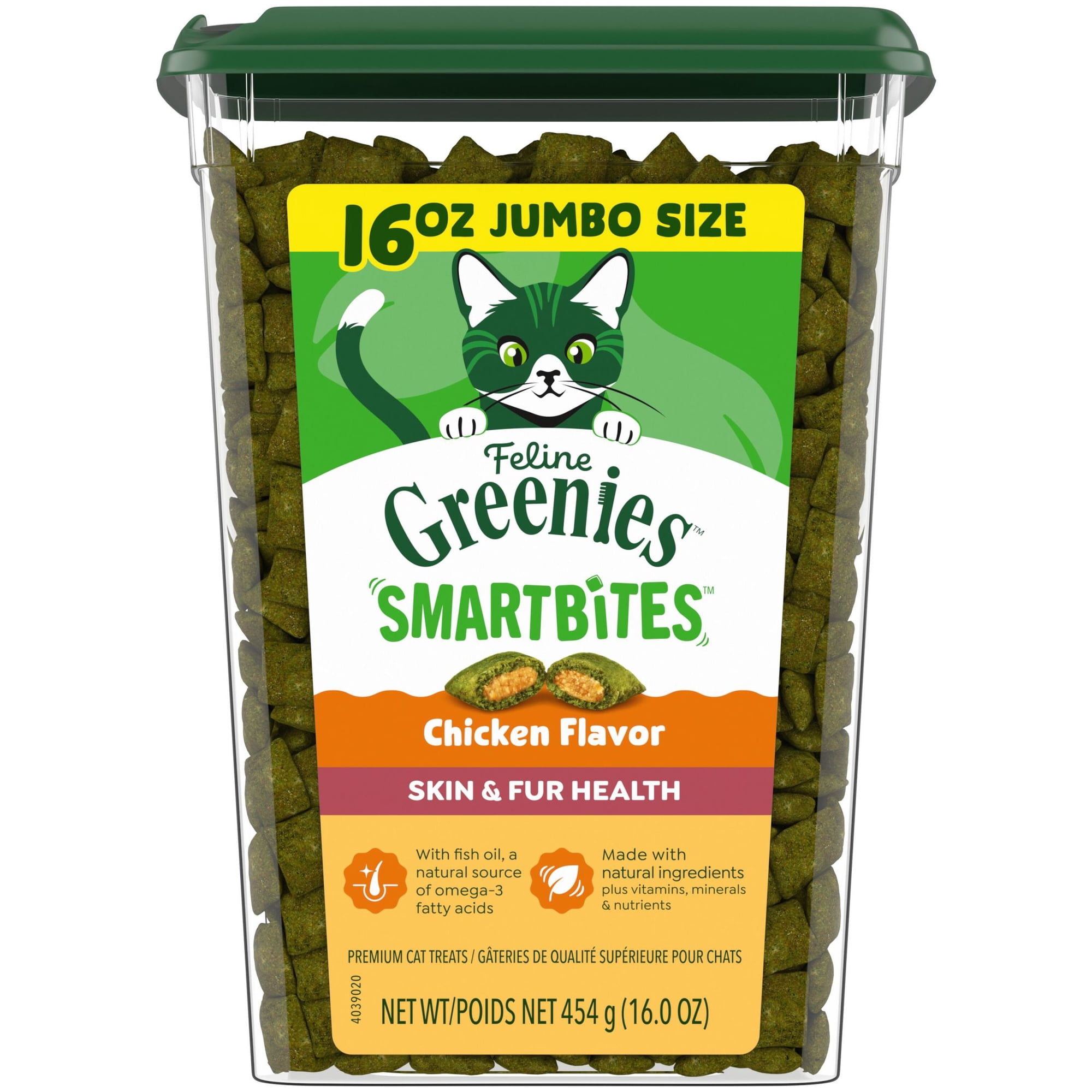 Greenies Feline Smartbites Chicken Flavor Skin & Fur Health Cat Treats, 16 oz Tub