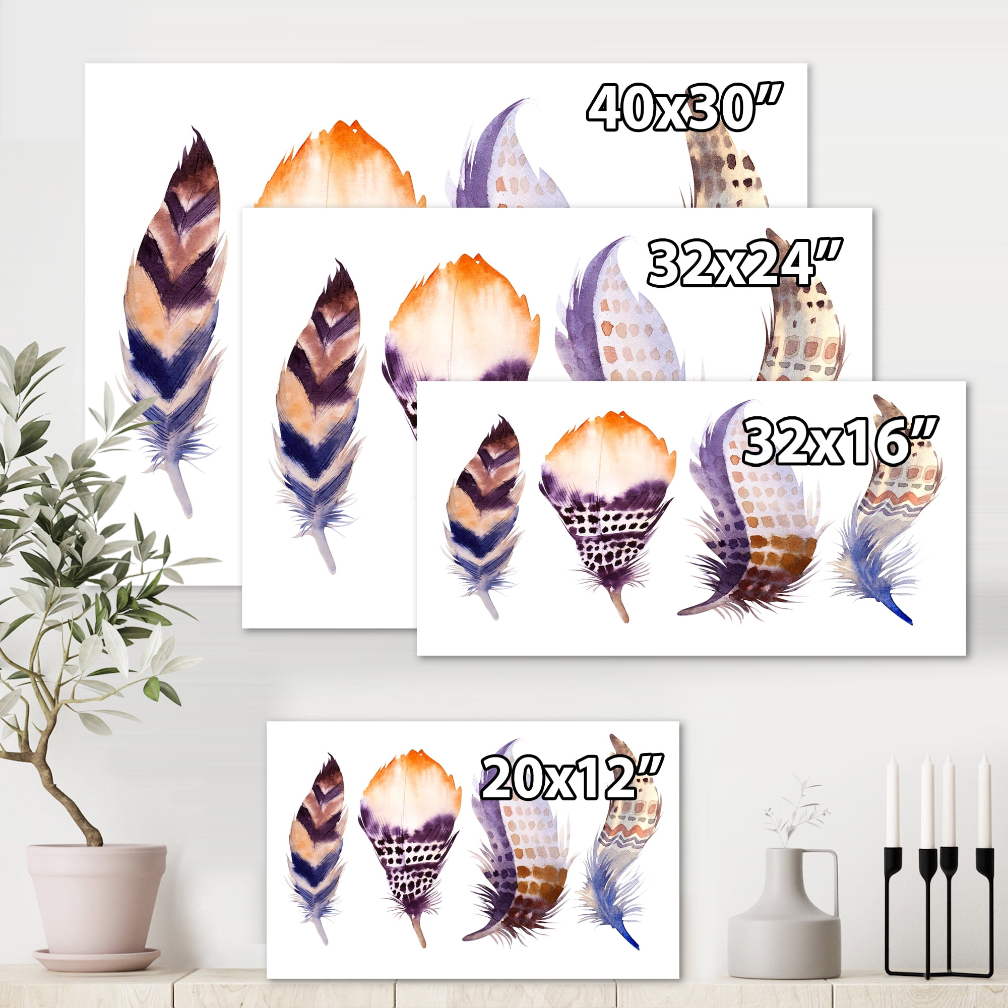 Designart ' Purple Boho Art Feathers ' Bohemian & Eclectic Canvas Wall Art Print
