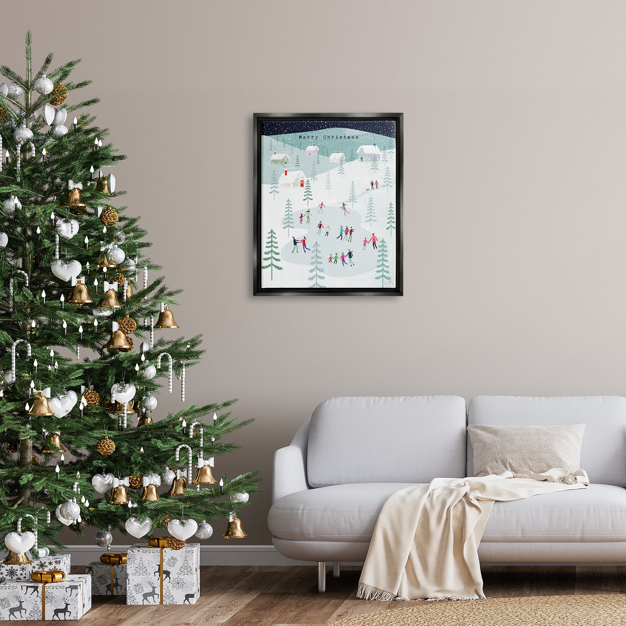Stupell Industries Merry Christmas Winter Ice Skating Holiday Painting Black Floater Framed Art Print Wall Art