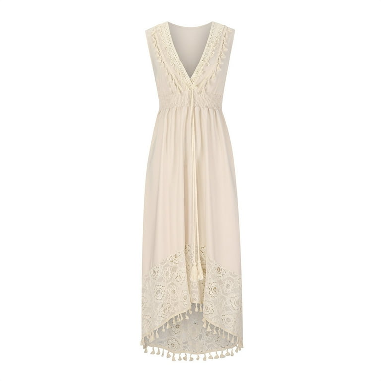 QLEICOM Women's Sexy Dress V-Neck Sleeveless White Dress Tassel Lace  Ankle-Length Dresses Plus Size Flowy Maxi Dress Beach Vintage Slip Dress  Wedding Guest Dresses Beige XL - Walmart.com