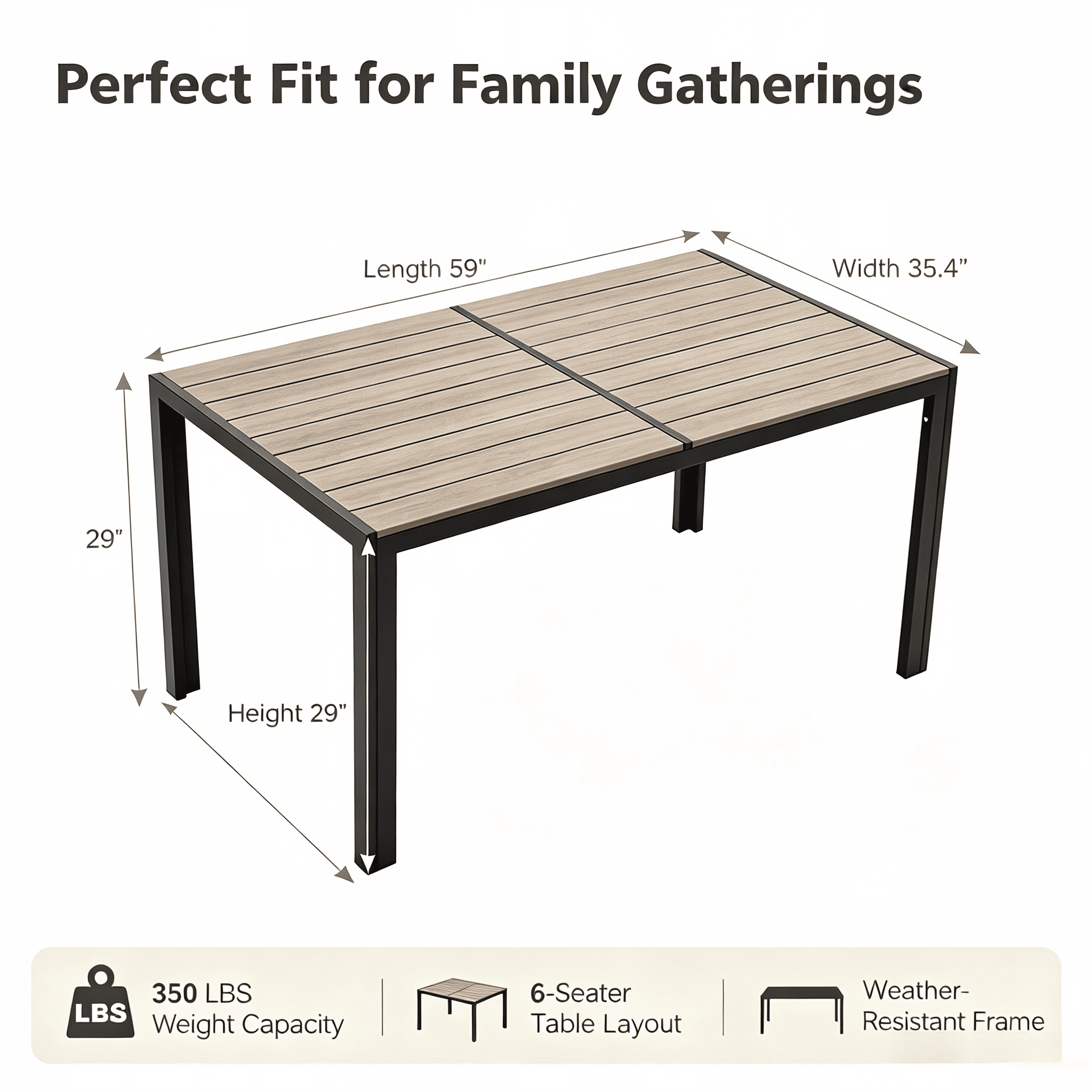 Lacoo Outdoor Dining Table, 59" x 36" 6‑Person Patio Table, Weather Resistant Rectangular Patio Dining Table for Backyard Garden Deck