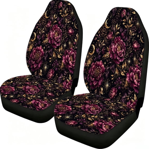 Verolix 2-Pack Front Car Seat Covers for Cars Trucks SUVs Pickup Trucks, Mesh Fabric Bucket Seat Protectors, Black Purple Floral Moon Star Print Auto Interior Covers, Universal Fit Vehicle Seat Cover