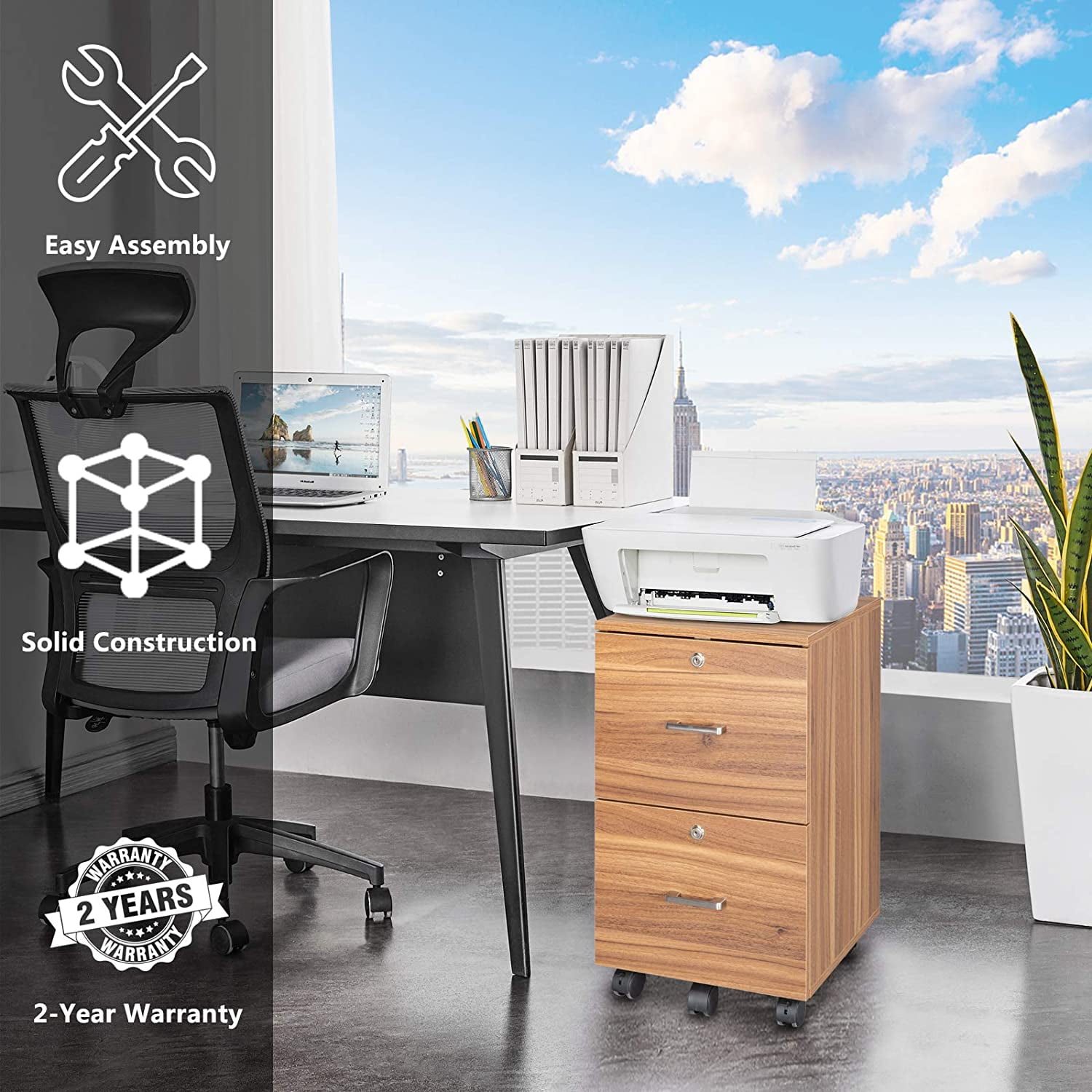 VINGLI 2-Drawer Rolling File Cabinet with Lock, Letter Size Wood Mobile Filing Cabinet Under Desk for Home Office, Walnut, 26.5in