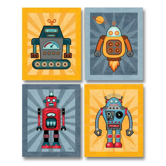 Blue and Yellow Robot Set Kids Room Decor; 2 - 11" x 14" Unframed Posters