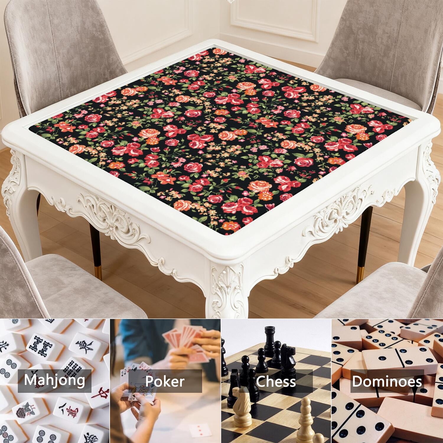 Floral Mahjong Table Gaming Mat 31.5x31.5 Inches Rubber Construction Provides Secure Surface for Tiles and Game Pieces
