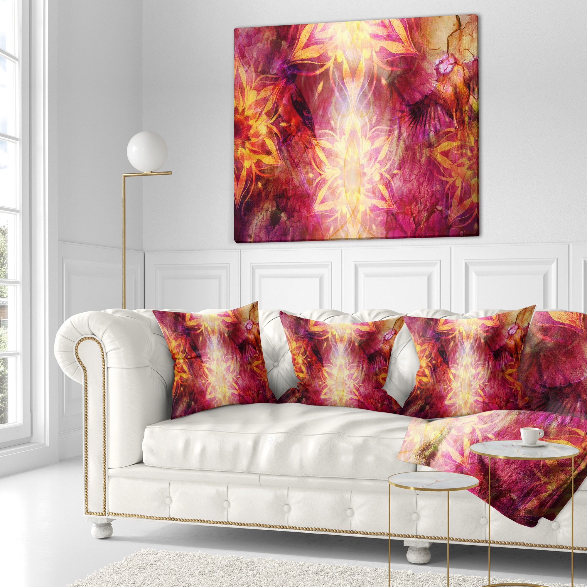 Designart Titmouse Birds and Golden Mandala - Abstract Throw Pillow - 18x18