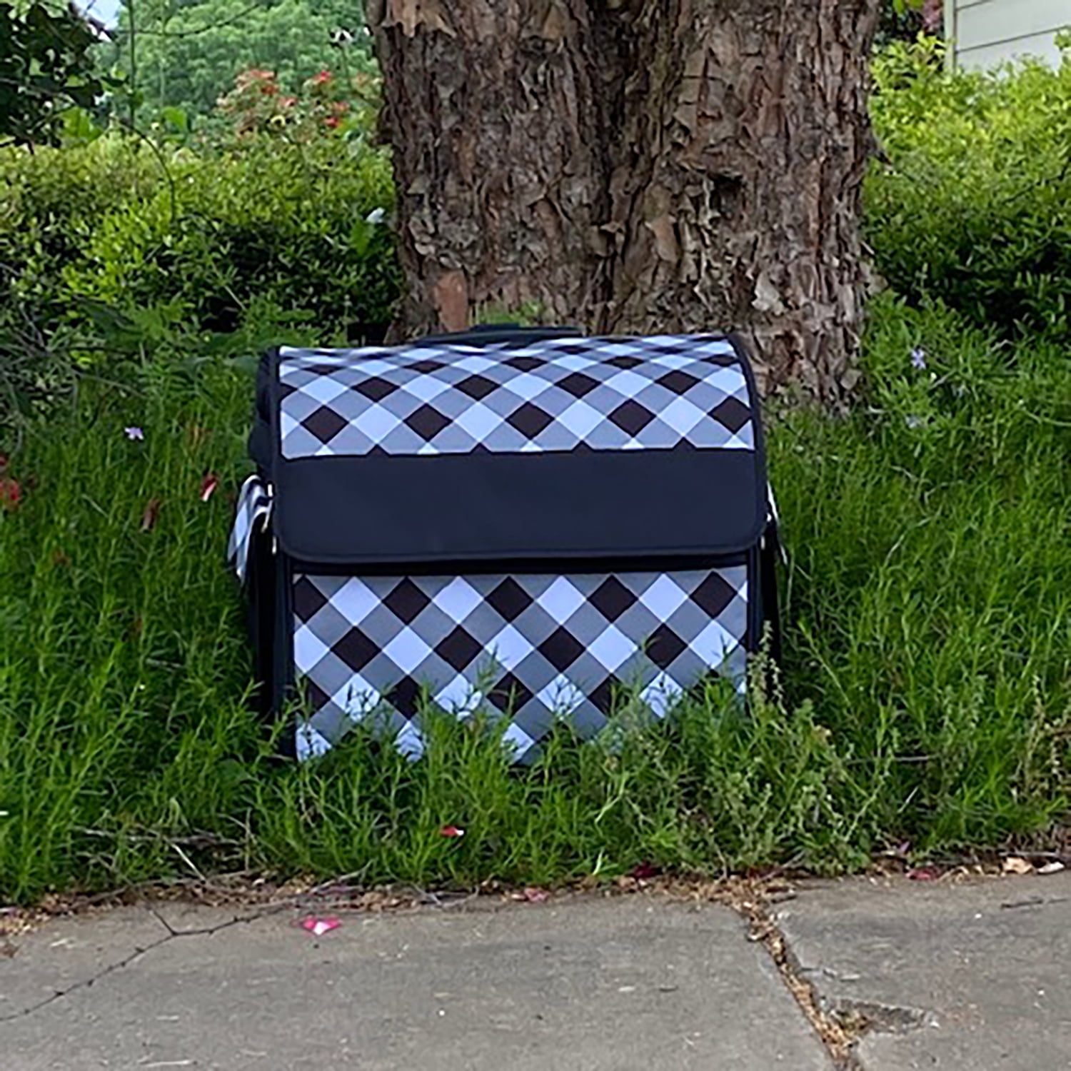 Everything Mary Rolling Sewing Machine Storage and Transport Tote, 600D Polyester Buffalo Check with Wheels