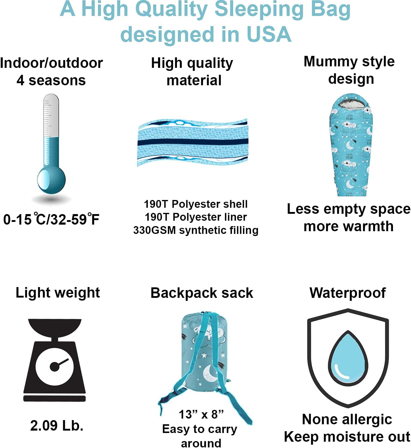 KidzAdventure 32-59F Youth and Kids Sleeping Bag | Indoor/Outdoor Boys and Girls Sleeping Bag | Mummy Style, Lightweight Sleeping Bag for Kids - Little Star Kids