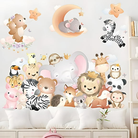 LAMIRO Cartoon Jungle Animal Elephant Giraffe Zebra Wall Stickers,Cute Vinyl Forest Animal Lion Monkey Zoo Wall Decals,DIY Removable Home Decoration Baby Nursery Girl Boy Kids Room Wall Decor