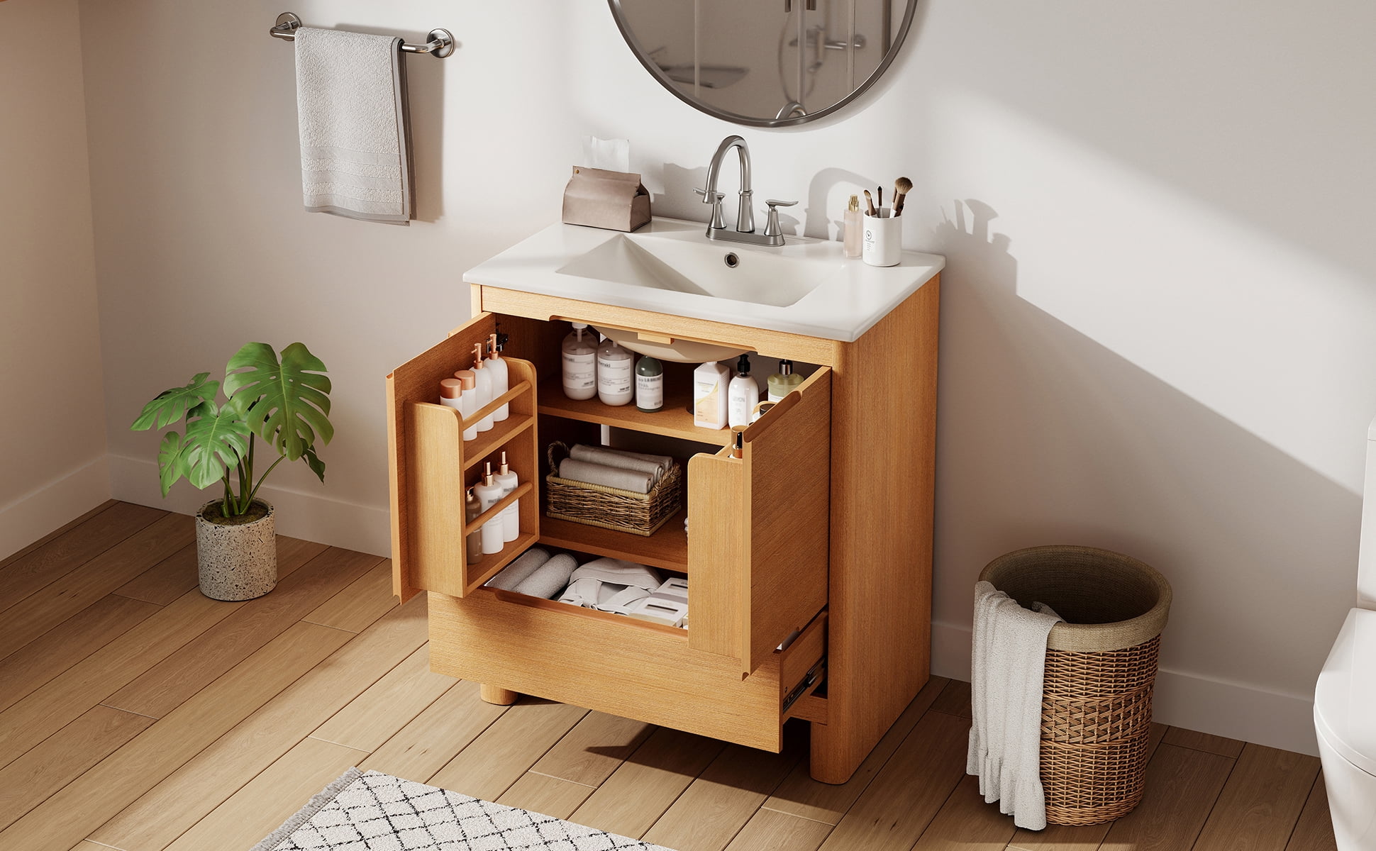 LiviNest 30" Bathroom Vanity for Small Space: 5 Storage Zones & 110lb Top - Soft-Close Doors & Drawer - Adjustable Shelf & Ceramic Sink All-in-One Package