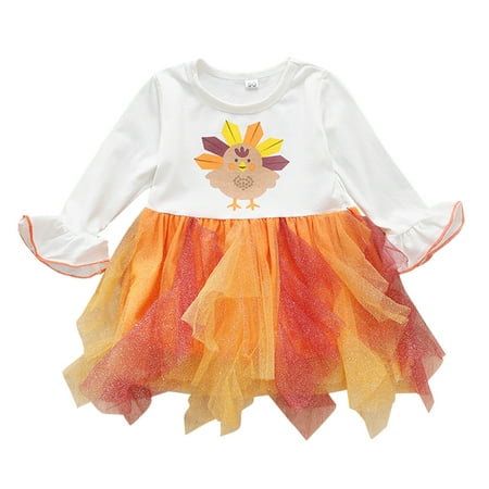 

Kids Toddler Baby Girls Boys Autumn Winter Printed Turkey Thanksgiving Tulle Cotton Long Sleeve Princess Dress Clothes