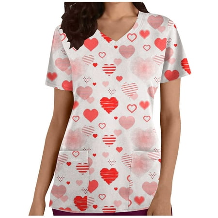 

CYMMPU Women s V-Neck Pocketed Scrub_Tops Nurse Workwear Uniform Clearance Going out Tops Summer Tees Short Sleeve Shirts Trendy Valentine s Day Tunic Love Heart Printing Fashion Tshirts Pink L