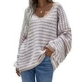 thumbnail image 2 of Womens Loose Crewneck Long Sleeve Stripped Off the Shoulder Knitted Solid Pullover Fall Jumper Tops Khaki S, 2 of 7