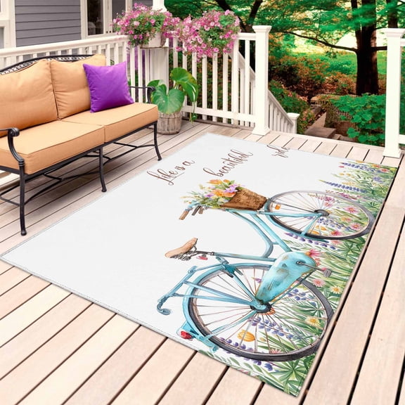 Spring Outdoor Rug 4x6 Ft, Non Slip Washable Area Rug, Farmhouse Bicycle Botanical Floral Flowers Patio Rugs Carpet Runner, Large Floor Mat for Indoor/Outdoor Deck Porch Camping