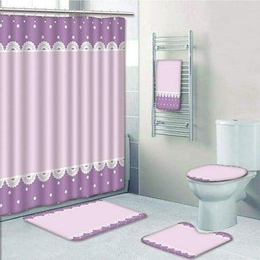 PRTAU Old Fashion Ornate Lace with Classical Polka Dots Lavender 5 Piece Bathroom Set Shower Curtain Bath Towel Bath Rug Contour Mat and Toilet Lid Cover