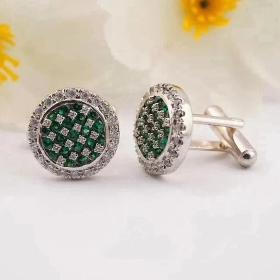 3Ct Round Cut Lab Created Green Emerald Wedding Cufflinks 14k Rose Gold Plated Silver