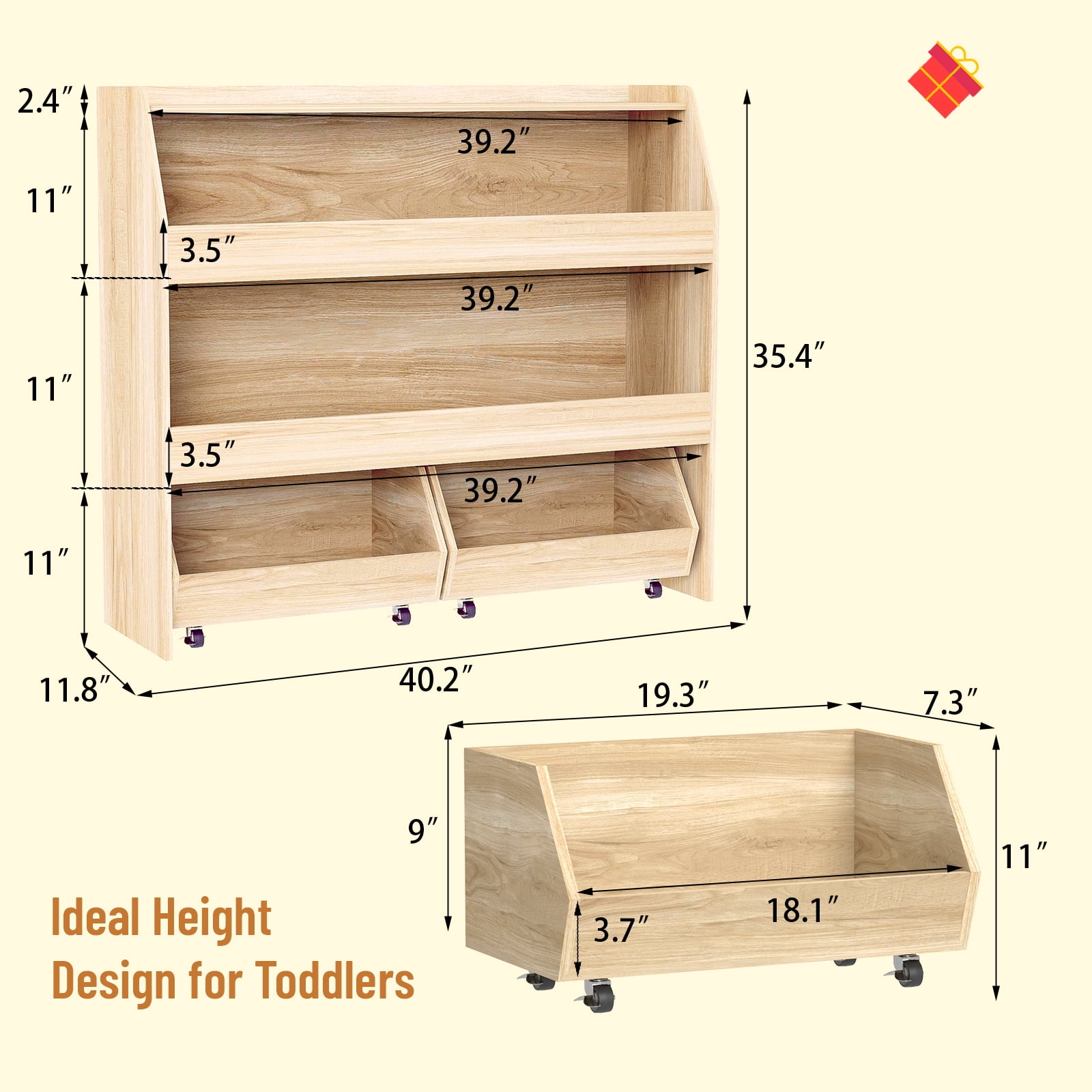 3-Tier Portable Toy Storage, Kids Toy Organizer W/2 Removable Bins with 4 Wheels（Wood)