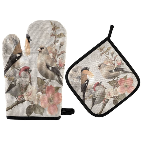 2 PCS Oven Baking Gloves Set Heat Resistant Oven Mitt & Pot Holder Set Cooking Mitts Kitchen Home Supplies Beautiful Birds Sitting on Branches
