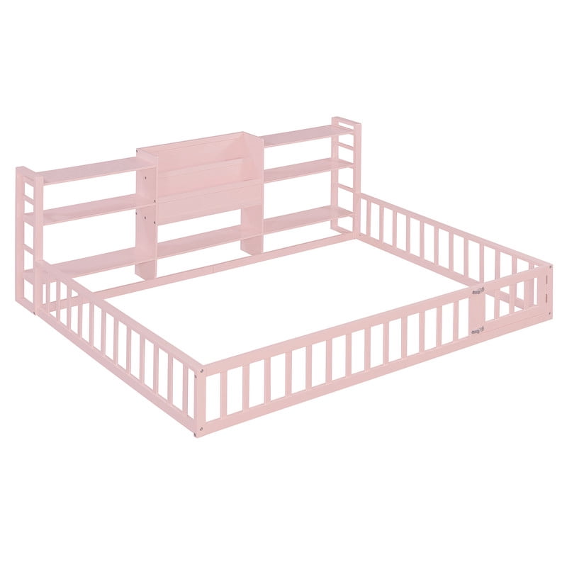 Full Size Floor Bed Platform Bed with Side Bookcase and 3-Tier Storage Shelves, Solid Wood Low Profile Montessori Floor Bed with Safety Guardrails for Kids, Boys, Girls