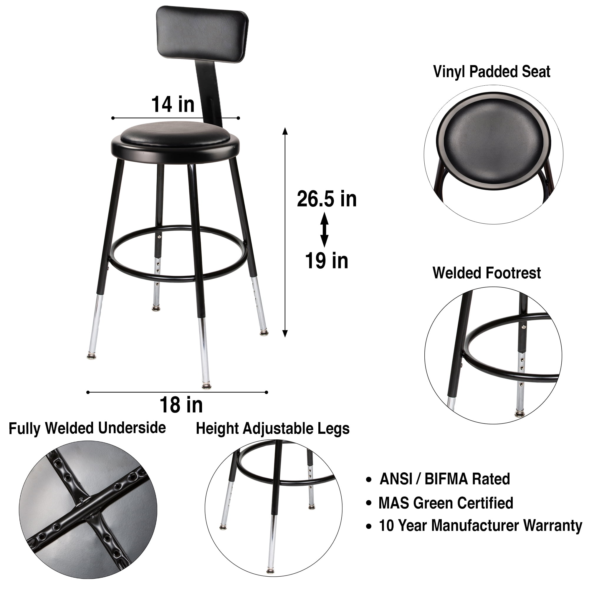 Hampden Furnishings Otto 19"-27" Adjustable Steel Science Stool with Backrest, Black, 2 Pk