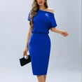 thumbnail image 2 of Uaswgudfs ​Women's One-Shoulder Short Sleeve Midi Dress - Modern Cinched Waist & Versatile Chic for Summer Casual Occasions Blue M, 2 of 7