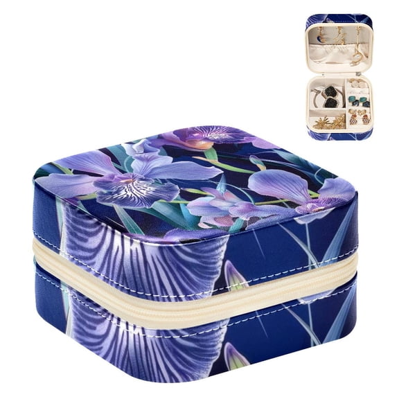 PhooArto Small Jewellery Box, Purple Flower Orchid Patterns Portable Travel Mini Jewelry Case for Women Leather Ring Organizer