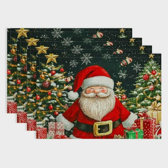 Pratyus Santa Claus Christmas Trees Presents Linen Table Mats Set of 4 for Dining, Home Decoration, Heat-Resistant 18x12in