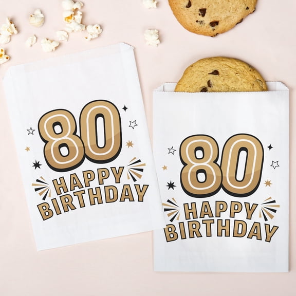 Big Dot of Happiness Adult 80th Birthday White Paper Treat Bags, Black & Gold Party Individual Greaseproof Brown Paper Sandwich Cookie Bags - 25 Count
