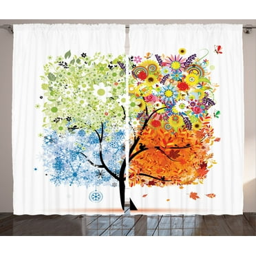 Ambesonne Tree Curtains 2 Panel Set, Flowers 4 Season Theme, 108" x 90", Multicolor