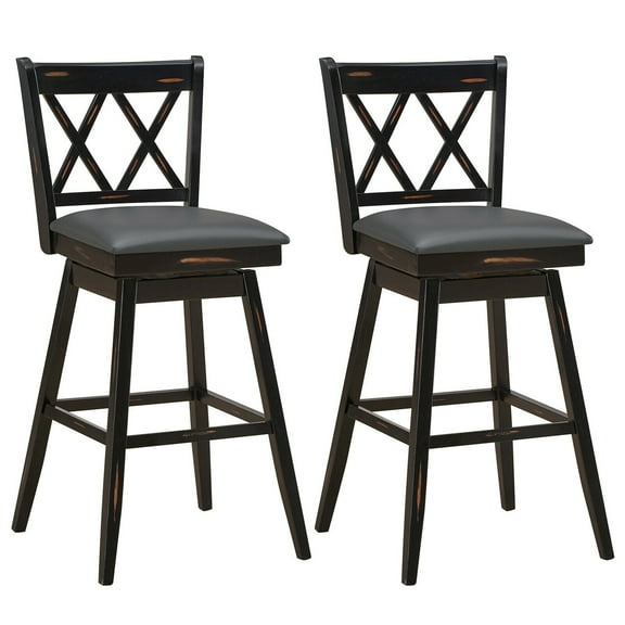 Gymax Set of 2 Barstools Swivel Bar Height Chairs with Rubber Wood Legs Black