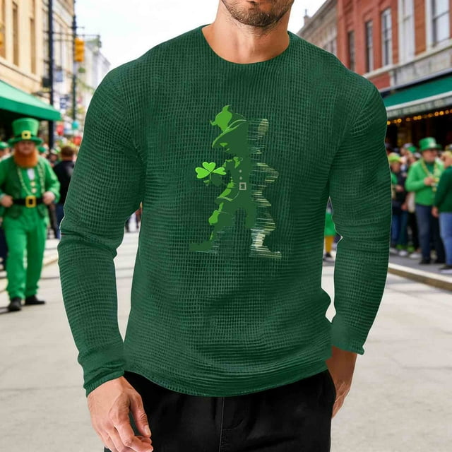Ceisia Men Fashionable Casual Loose Elastic Long Sleeve Round Neck St Gift Patrick's Day Lucky Graphic Print T shirt for Daily Fit