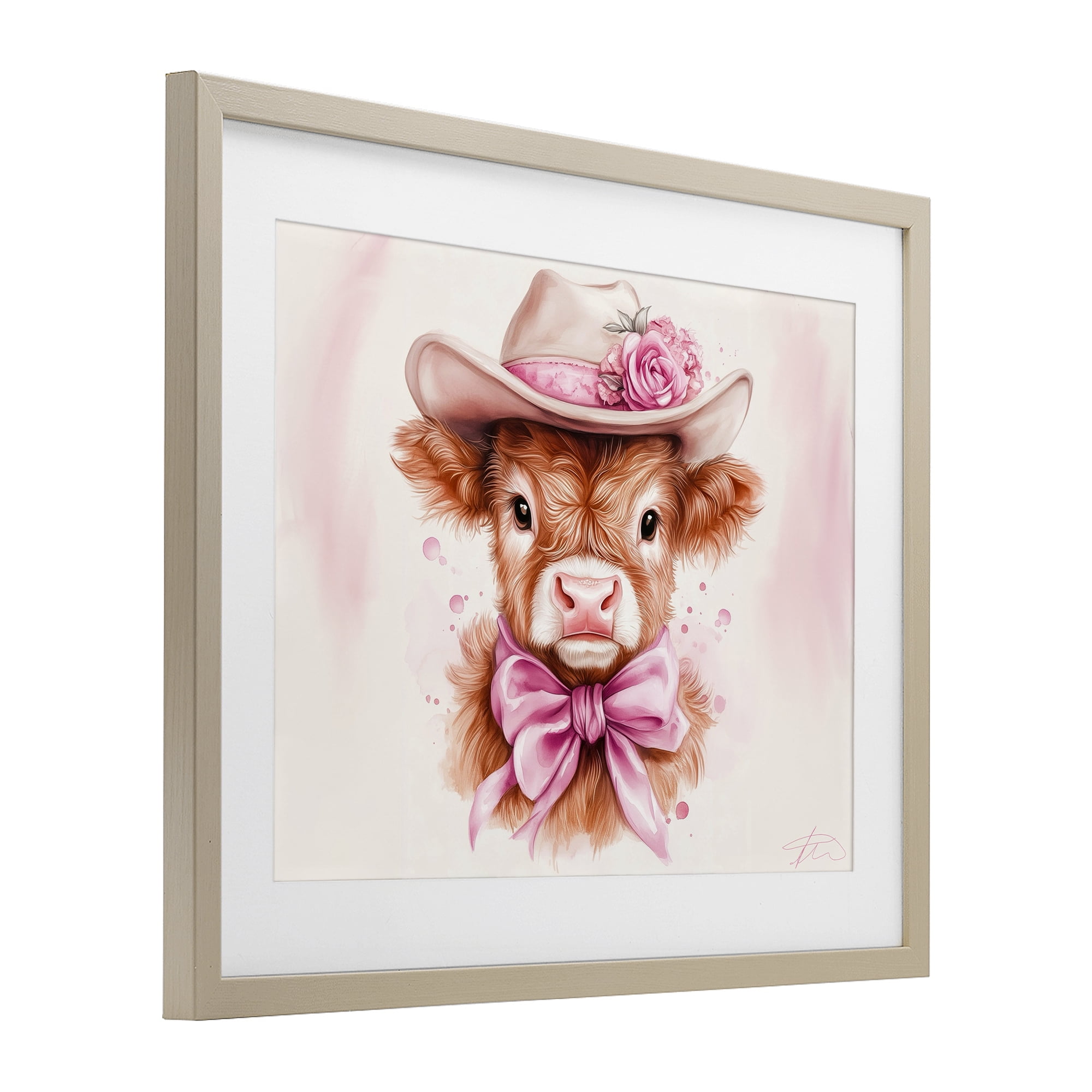 Pretty In Pink Cow Birch Framed Print Under Glass, design by Shawna Stewart