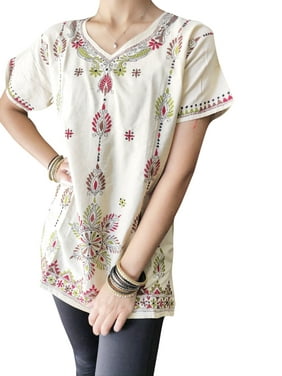 Women Tunic Top, Beige black Hand Embroidered Tunic Summer Bohemian Cotton Blouse SM