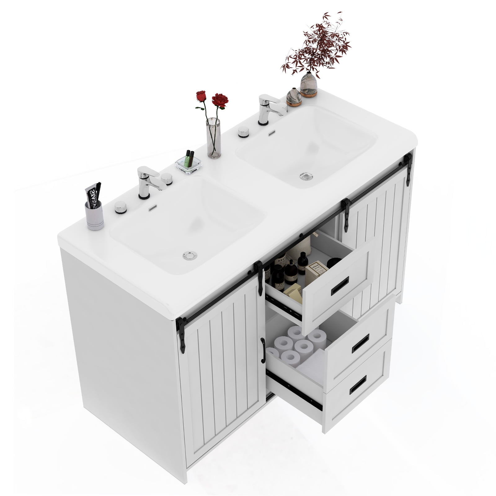 Caulitar Double Sink Bathroom Vanity, Bathroom Storage Cabinet Ceramic Basin Vanity Set, White