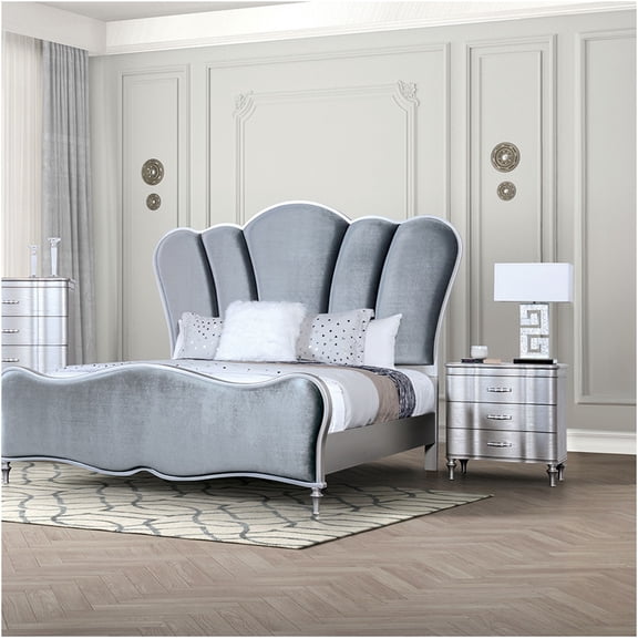 JERFIT Queen Size Bedroom Set with Upholstered Channel Tufted Headboard, 2 Nightstands, Light Gray Fabric, Silver Finish for Glam Decor