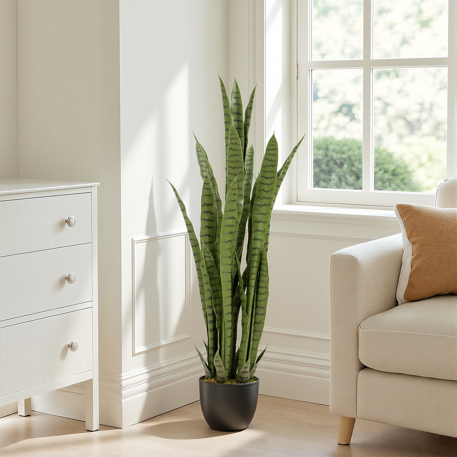 4ft Artificial Snake Plant – 48in Faux Sansevieria Plants, Fake Floor Plant for Indoor Outdoor, Front Porch Patio Home Office Decor, Mother-in-Law’s Tongue, Green 1Pcs