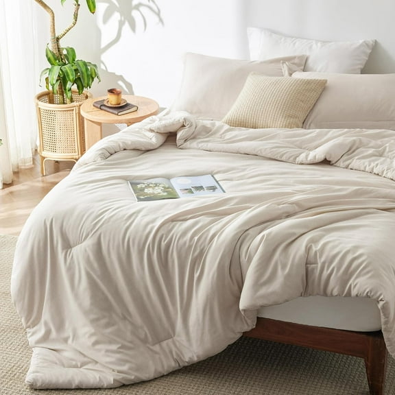 EnjinZZ Queen Comforter Set - Beige Comforter Queen Size, Soft Bedding for All Seasons, Cationic Dyed Bedding Set, 3 Pieces, 1 Comforter (90"x90") and 2 Pillow Shams (20"x26" 2")
