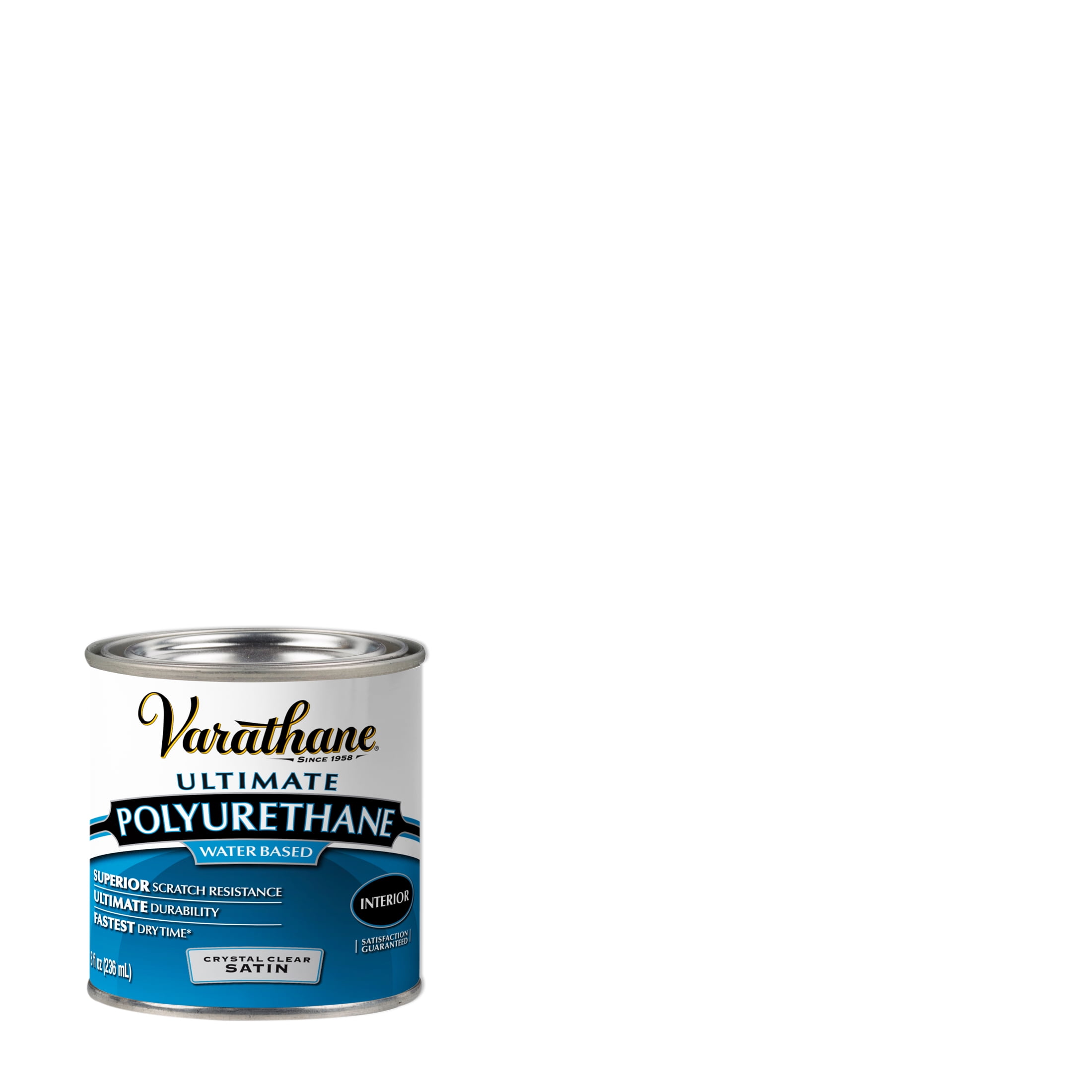 Clear, Varathane Satin Ultimate Crystal Clear Polyurethane Water-Based-200261H, Half Pint