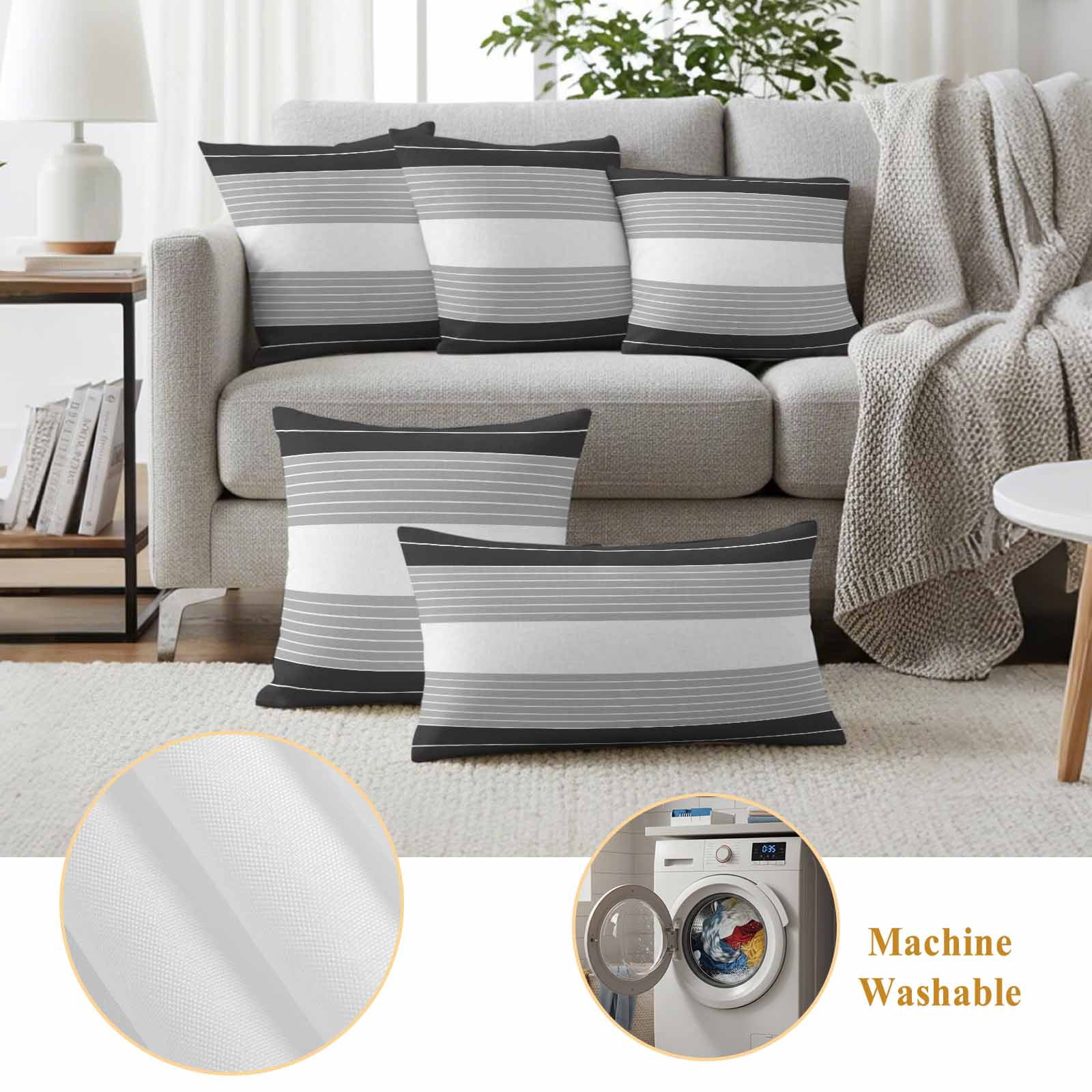 Black Grey Stripe Outdoor Waterproof Pillow Covers, Modern Art Horizontal Striped Decorative Square Throw Pillowcase Sofa Cushion Sham for Patio/Couch/Chair, 18"x18" 2 Pack