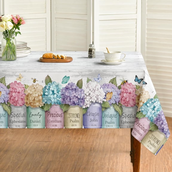 Spring Tablecloth 60×84 Inch Rectangular, Purple Pink Spring Hydrangea Grey Wood Grain Washable Seasonal Table Cover for Party Picnic Dinner Decor