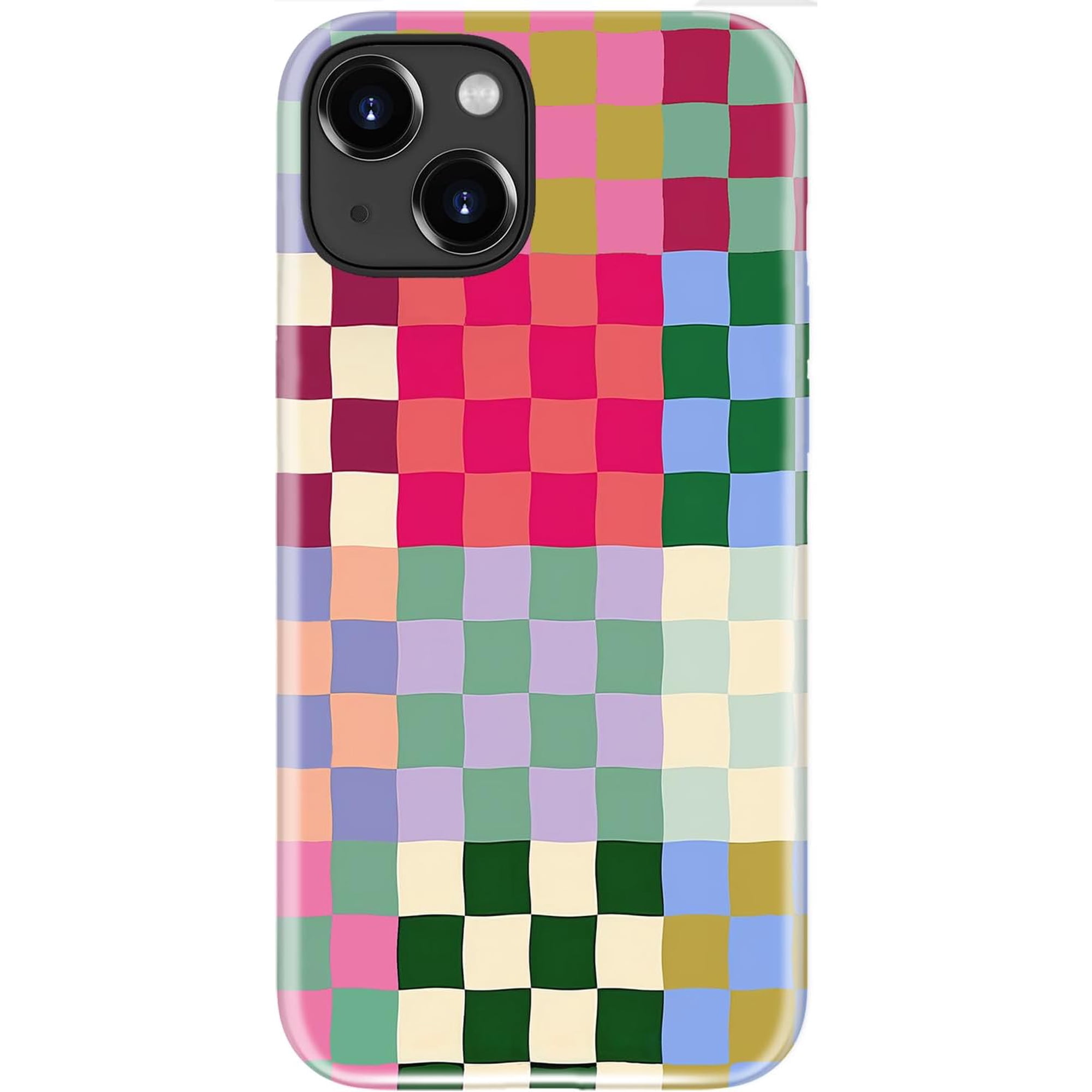 for iPhone 14 Case Cute - Dual-Layer Hard Shell + Silicone Cover - Aesthetic Protective Trendy Phone Case for Women - Patchwork Checkerboard