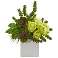 thumbnail image 2 of Nearly Natural Green 14" Rose & Succulent Artificial Flower Arrangement in White Vase, 2 of 2