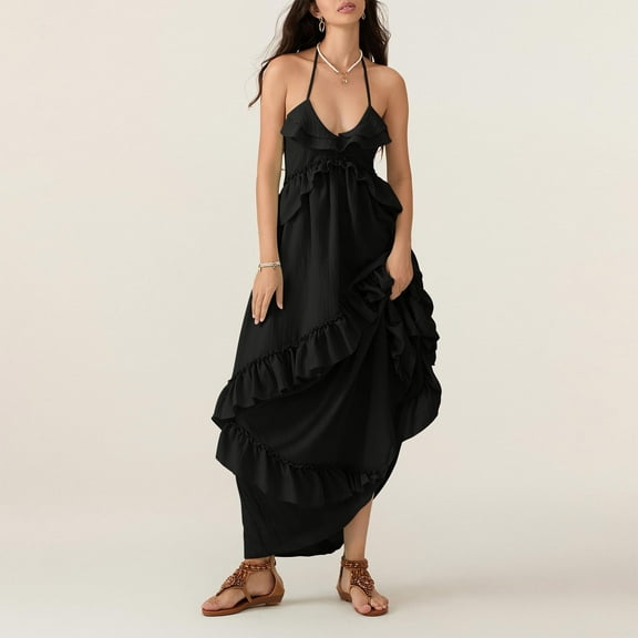 Taylonsss Womens Summer Dress Strappy Halter Tie Backless Solid Color Beach Casual Outfit