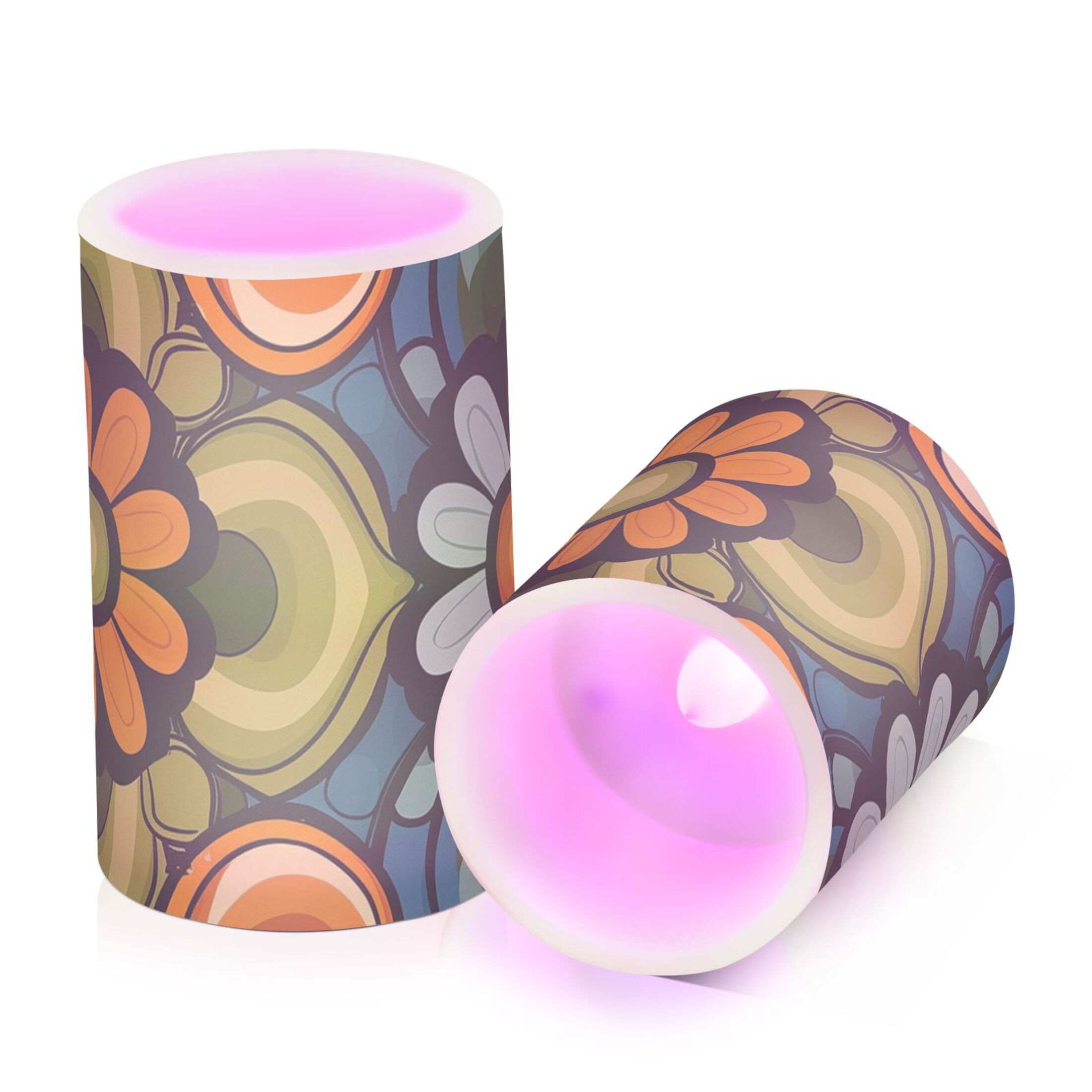 Vintage Groovy Flower Patterns Flickering Flameless Candles LED Tealight Battery Operated with Remote Set of 2 Holiday Decor Ornaments