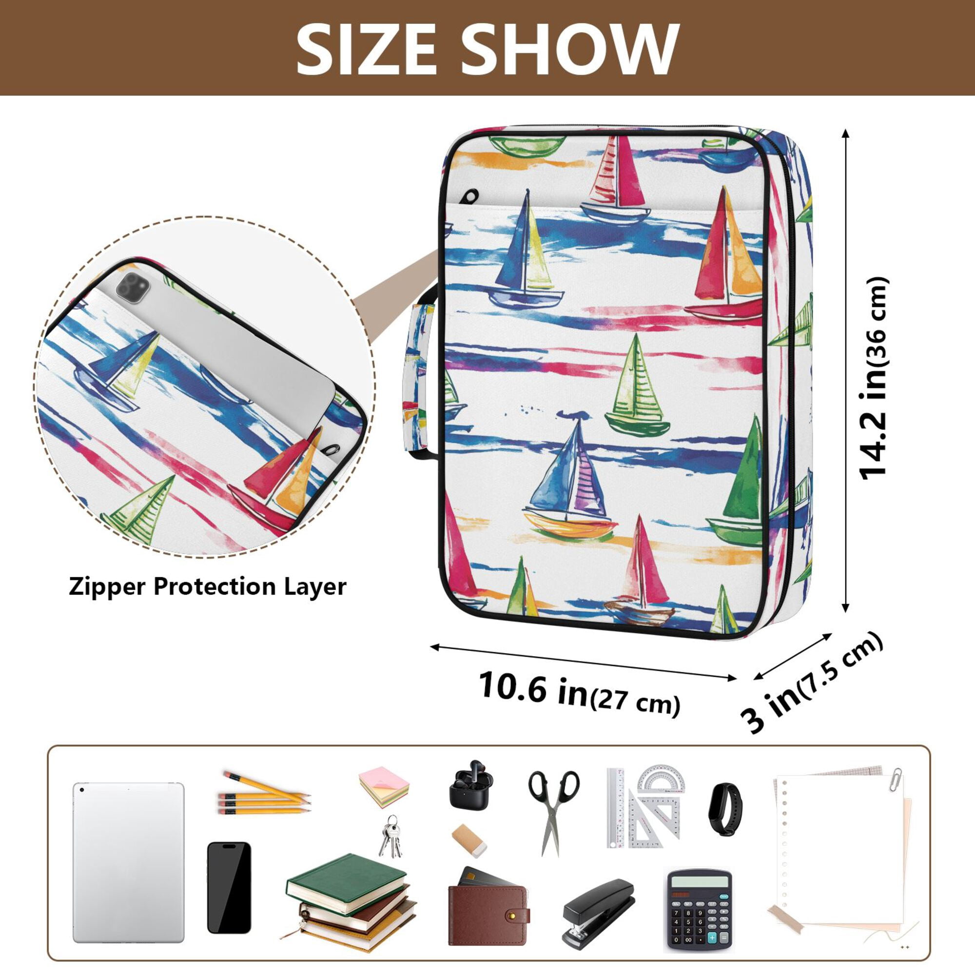 FORMRS Accordion File Folder A4 Size 7-Pocket Expanding Document Organizer Bag with 3 Ring Binder, Hand Drawn Sailboats