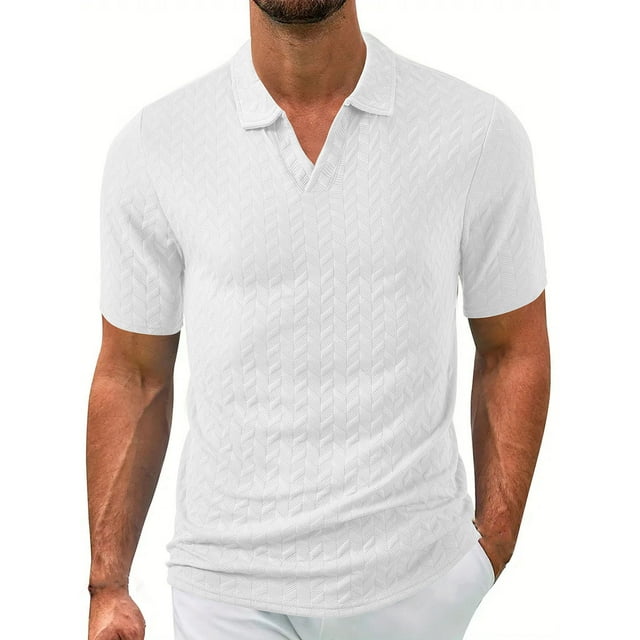 Jersey Elvqul de Hombre Blanco Stretch Deportivas Economicas de Color Sólido Manga Corta con Solapa