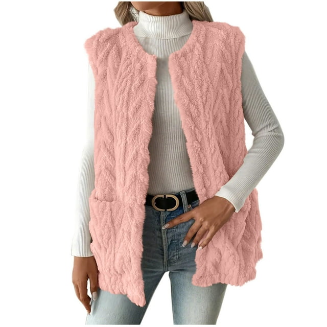 HAiming Gilet en Molleton d'Hiver pour Femmes, Col Ras du Cou, Sans Manches, Ouvert à l'Avant, Cardigan, Veste Duveteuse et Chaude avec Poche