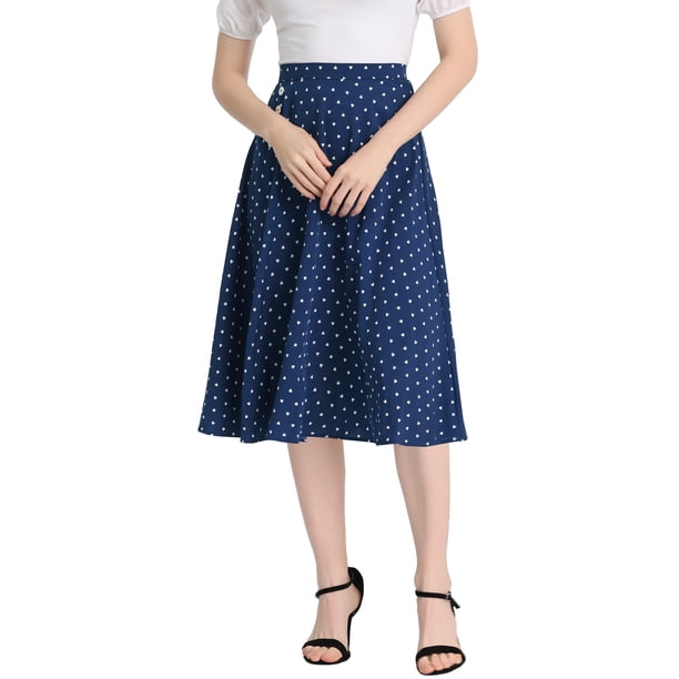 Falda Midi De Lunares Vintage Con Cremallera En La Cintura Elástica Para Mujer Azul L