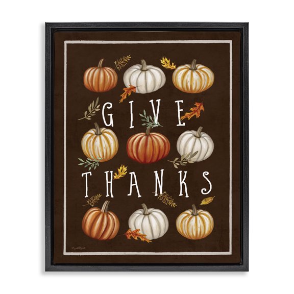 Stupell Industries Rustic Lodge Give Thanks with Varied Pumpkins Black Floating Frame Canvas Art, 17 x 21, by Elizabeth Tyndall