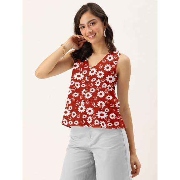 DressBerry Women's Printed Poly Crepe Top Casual Summer Sleeveless V Neck Buttoned Western Style Slip-On Light Weighted Blousetop